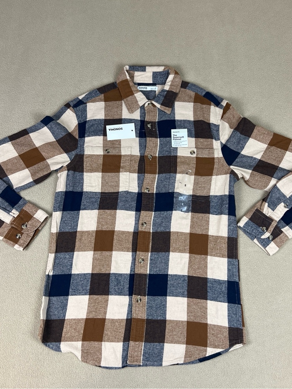 Sonoma The Supersoft Flannel Shirt. 100% Cotton, Plaid. Brown. Men's Sz Small